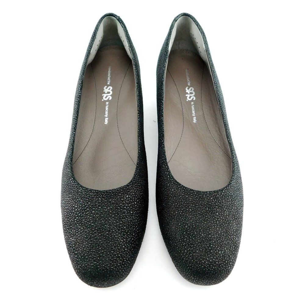 SAS Black Textured Italian Leather Wedge Heel Pumps 10 N